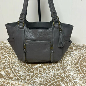 The Sak Grey 100% Leather Pebbled Double Handle Purse Handbag Some Pink Lining